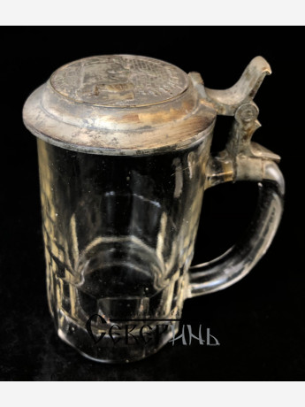 Антикварная пивная кружка. Стекло, металл. 19 век. Европа